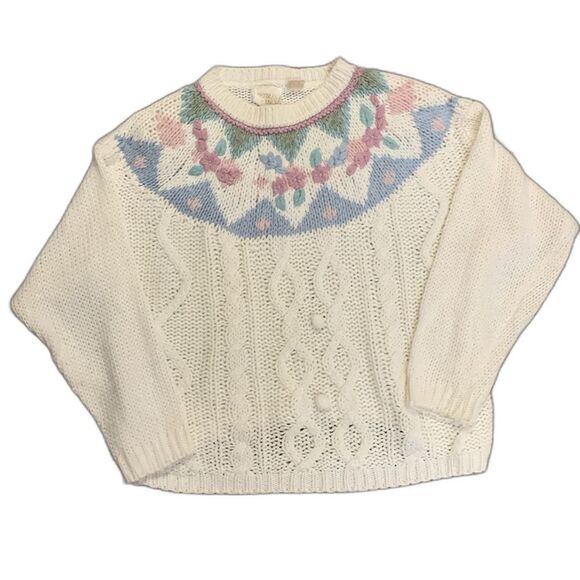 Vintage 80s Needles & Yarn Ivory Cable Knit Floral Yoke Crewneck Sweater Size M - Picture 2 of 13